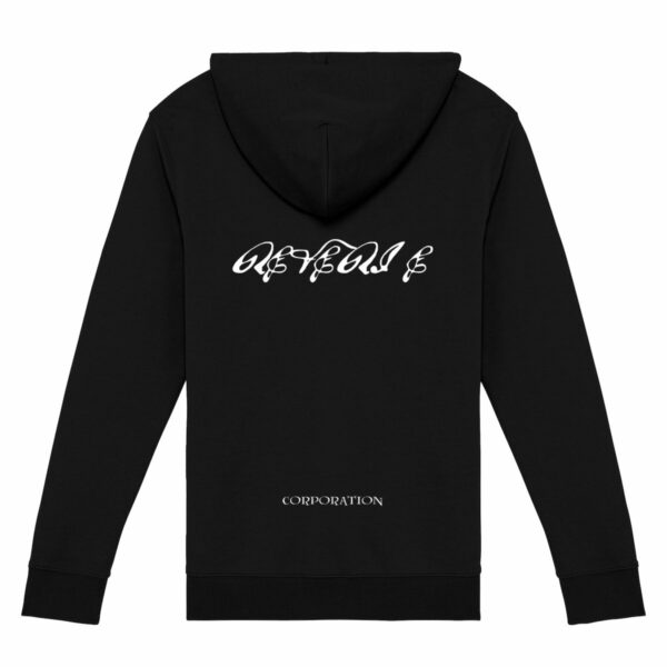 Sweat zippé noir avec capuche et inscription au dos